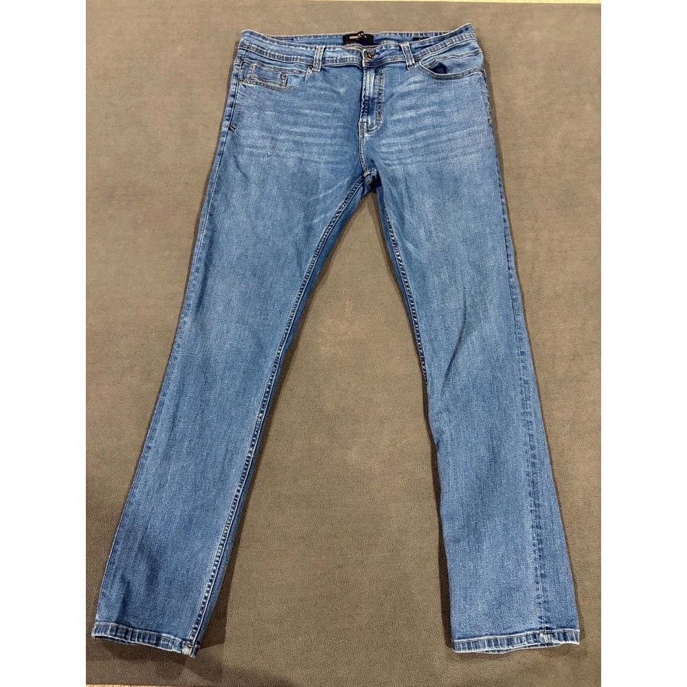 Kenneth Cole New York Jeans Mens 38x32 Blue Denim Slim Fit Whiskers Detail